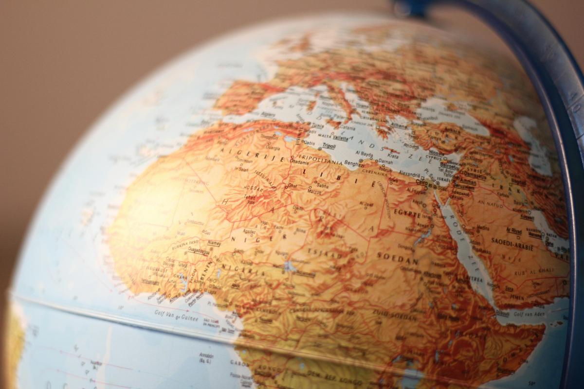 Close-up of a globe showing Africa and the surrounding regions